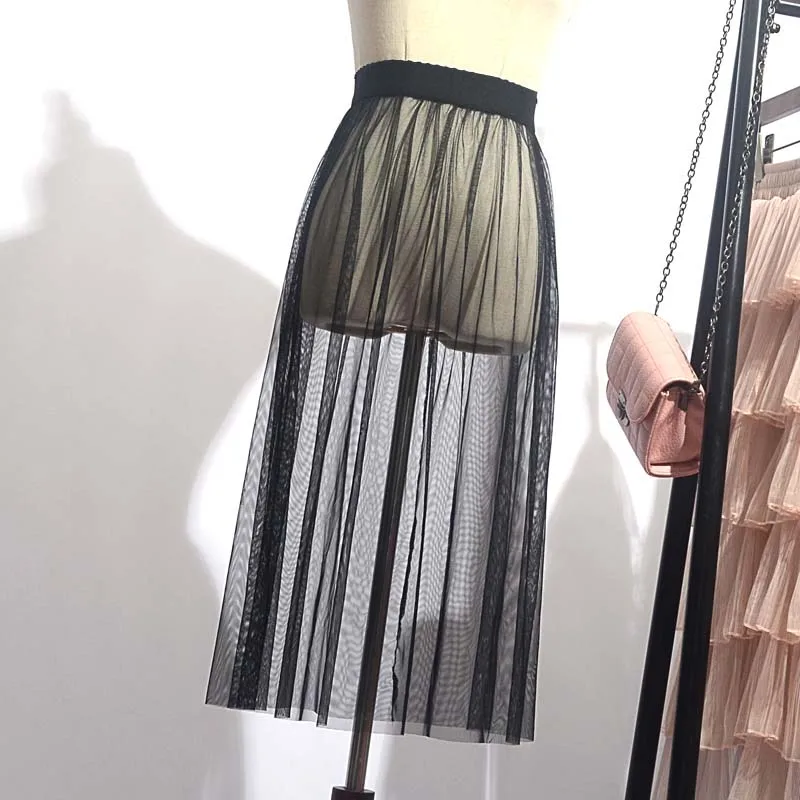 2019 Nieuwe Single-Layer See-Through Mesh Rok Transparante Gaas Casual Elegante Knielange Zwart Wit Hoge taille Elastische Rok