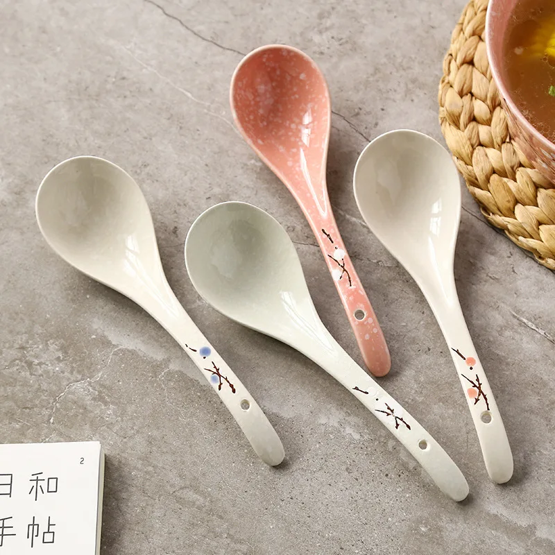 Japanese Ceramic Spoon Handpainting Porcelain Soup Spoon Kitchen Cooking Utensil Tool Creative Milk Stirring Spoon Tableware