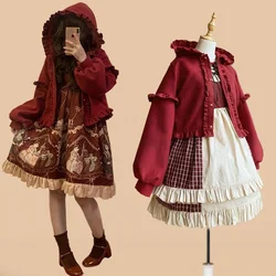 Plush Lolita Jacket Women Thickened Autumn And Winter Warm Short Coat Tweed Cape Cute Single Breasted Princess Kawaii Outwear