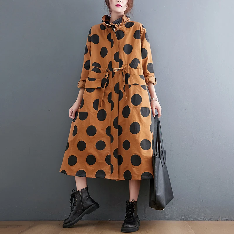 2026 Autumn Winter Oversized Polka Dot Long Trench Coat For Women Clothes Stand Collar Drawstring Fashion Casual Loose Outerwear