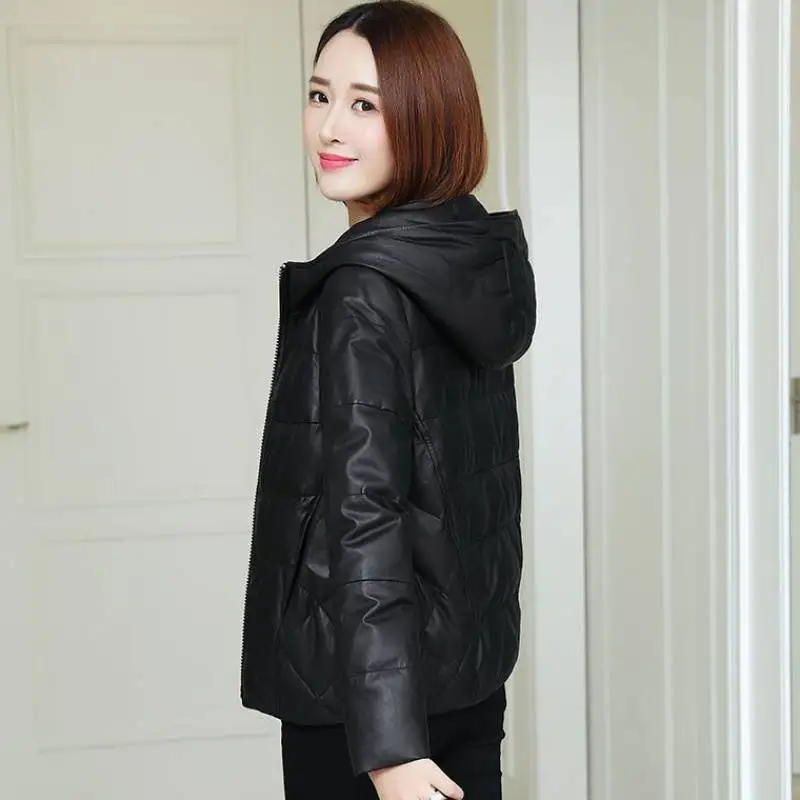 Fashion PU Leather Jackets Winter 2024 New Women's Cotton Coat Parka Loose Casual Hooded  Black Leather Coat Parkas Female