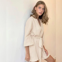 Hiloc – Mini robe de chambre en coton pour femmes, manches trois quarts, Sexy, couleur unie