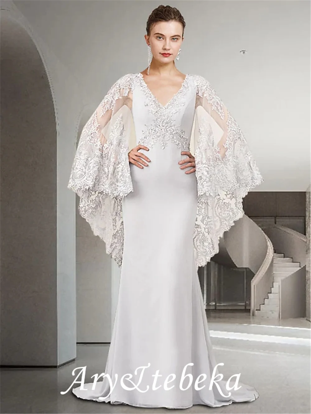 Mantel/Spalte Mutter der Braut Kleid Luxuriöse Elegante V-ausschnitt Sweep/Pinsel Zug Chiffon Lange Hülse mit perlen Appliques