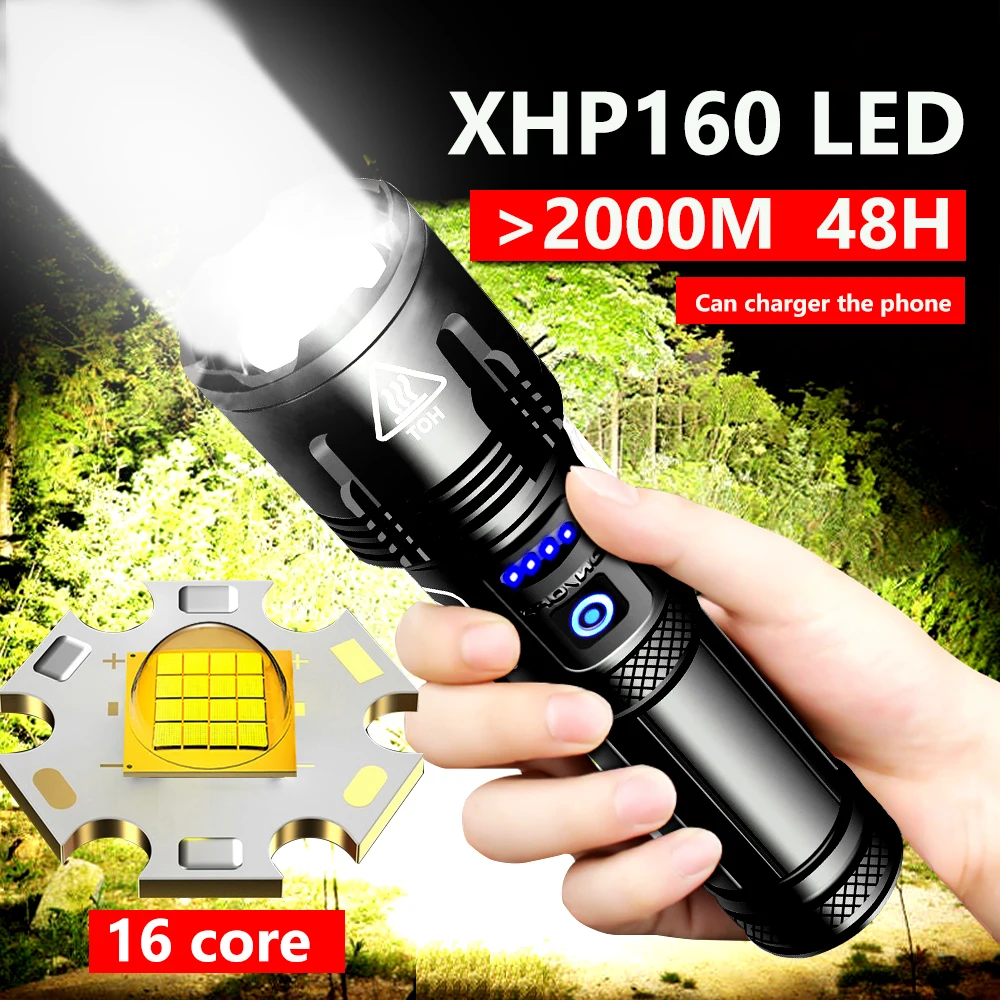 Super XHP160 Most Powerful Led Flashlight XHP120 High Power Torch Rechargeable Tactical Flashlight USB Camping Light Shot long