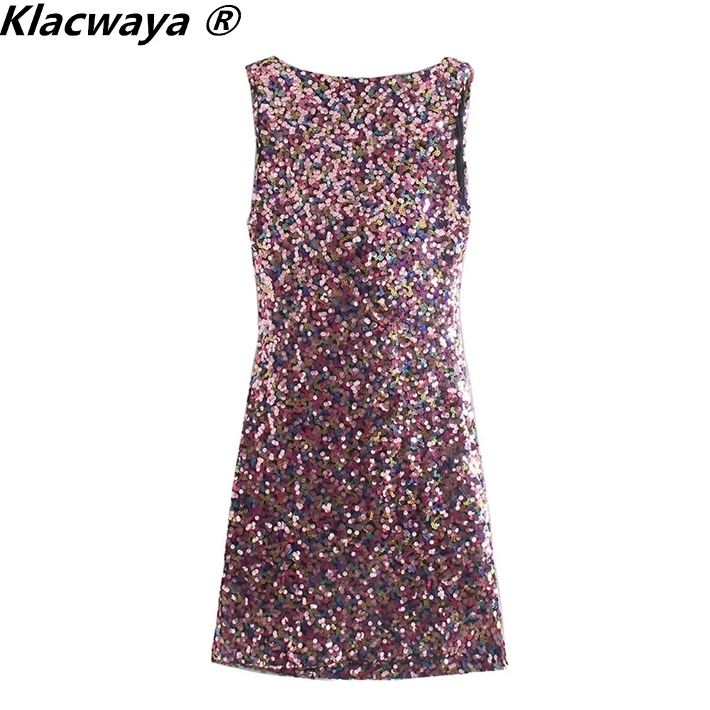 Klacwaya vestidos sexy para as mulheres 2022 vintage multicor vestido de lantejoulas swinging collar sem mangas mulher roupas vestido glitter