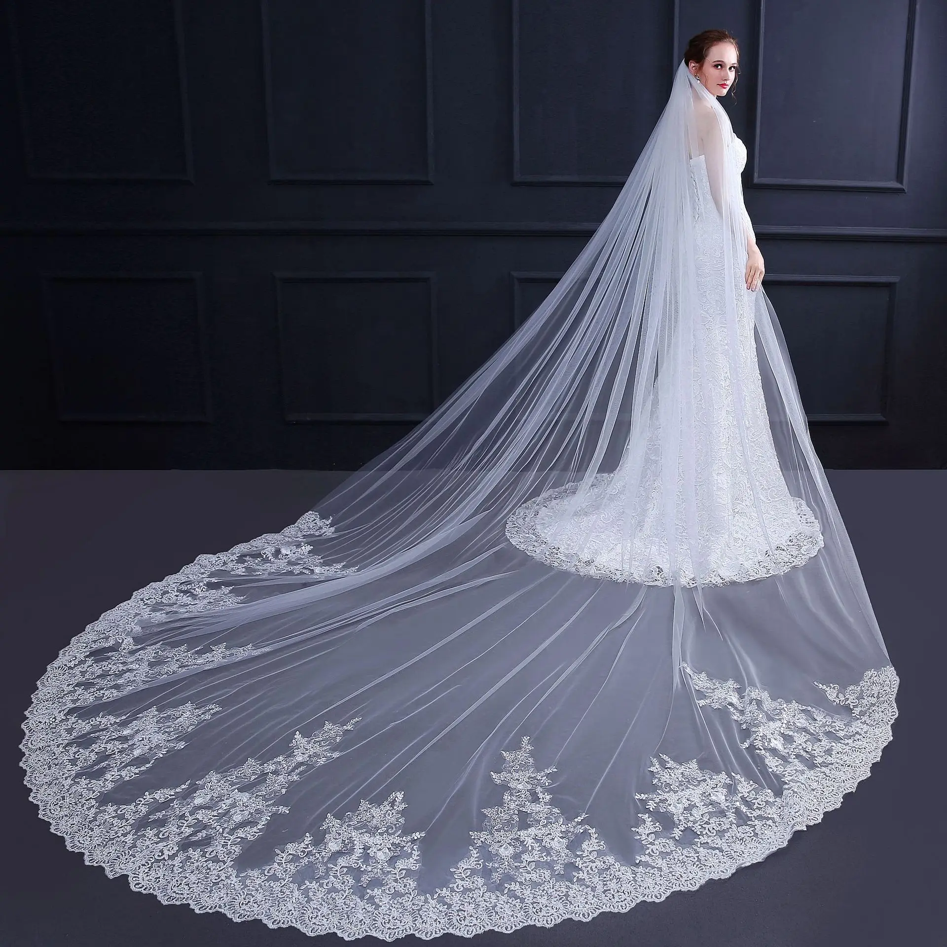 JaneVini Luxury White/Ivory Cathedral Wedding Veils with Comb One Layer Lace Appliques Edge Soft Tulle Long Bridal Veil Mariage