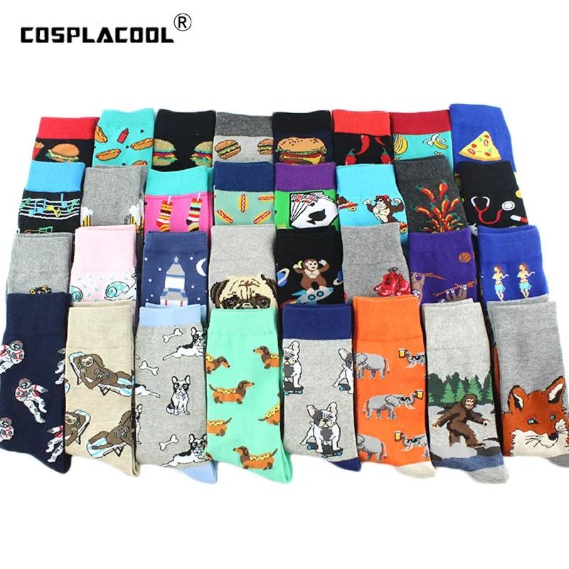 Animal Pug Elephant Lionu Funny Socks Men Chili Hamburg Pizza Crew Socks Harajuk Novelty Gift Sokken Unisex Skateboard Socks