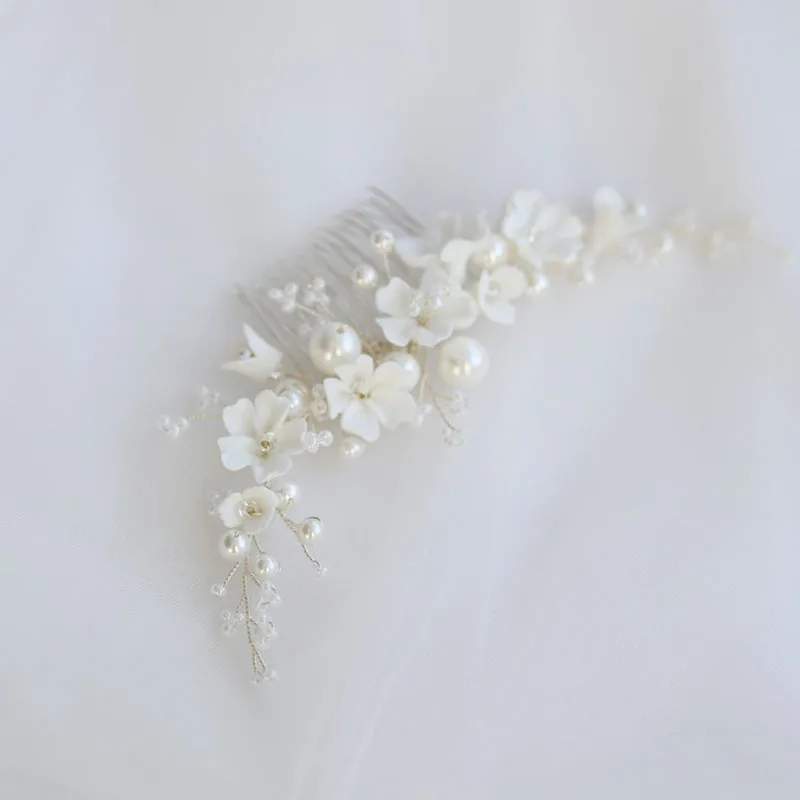 Floralbride Handmade Simulated Pearls Ceram Flower Bridal Hair Comb Wedding Headdress Hair Accessories Bridesmaids Women Jewelry