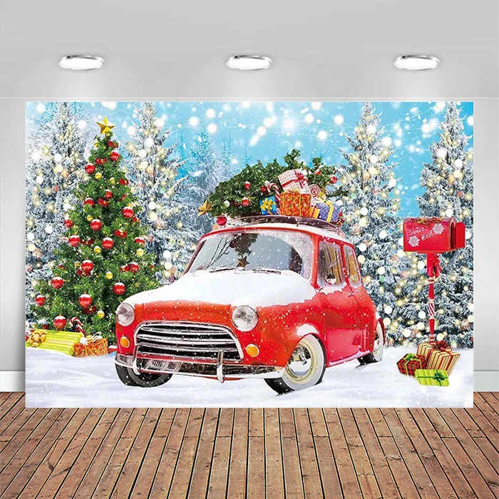 

Christmas Red Car Backdrop Winter Forest Snowflake Xmas Tree Landscape Photography Background Let It Snow Kids Baby Shower Party