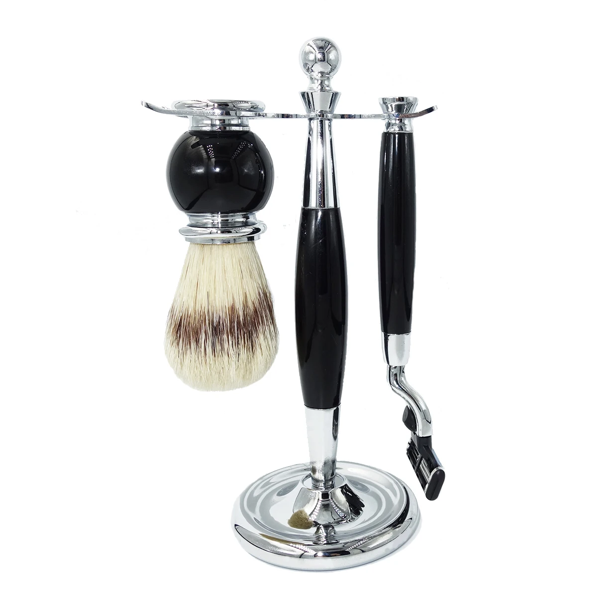 

iRAZOR Wet Shave Brush Set Classic Black Acrylic Handles Mach 3 Razor Metal Stand Holder for Men