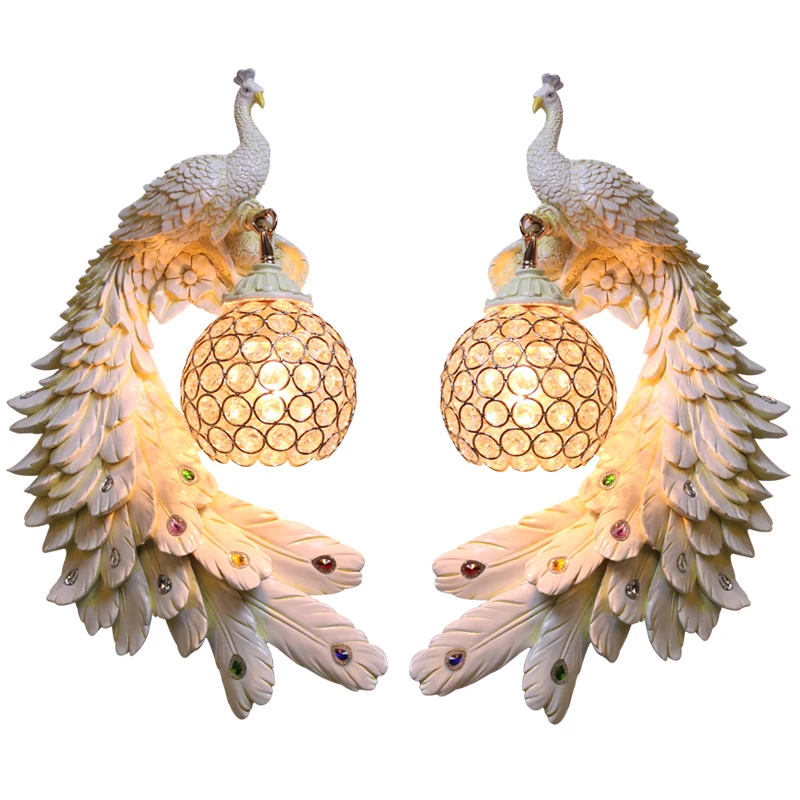 Modern Twins Peacock kinkiet kreatywny kolorowy złoty biały kinkiet LED Crystal Metal kinkiety na ścianę w korytarzu decor