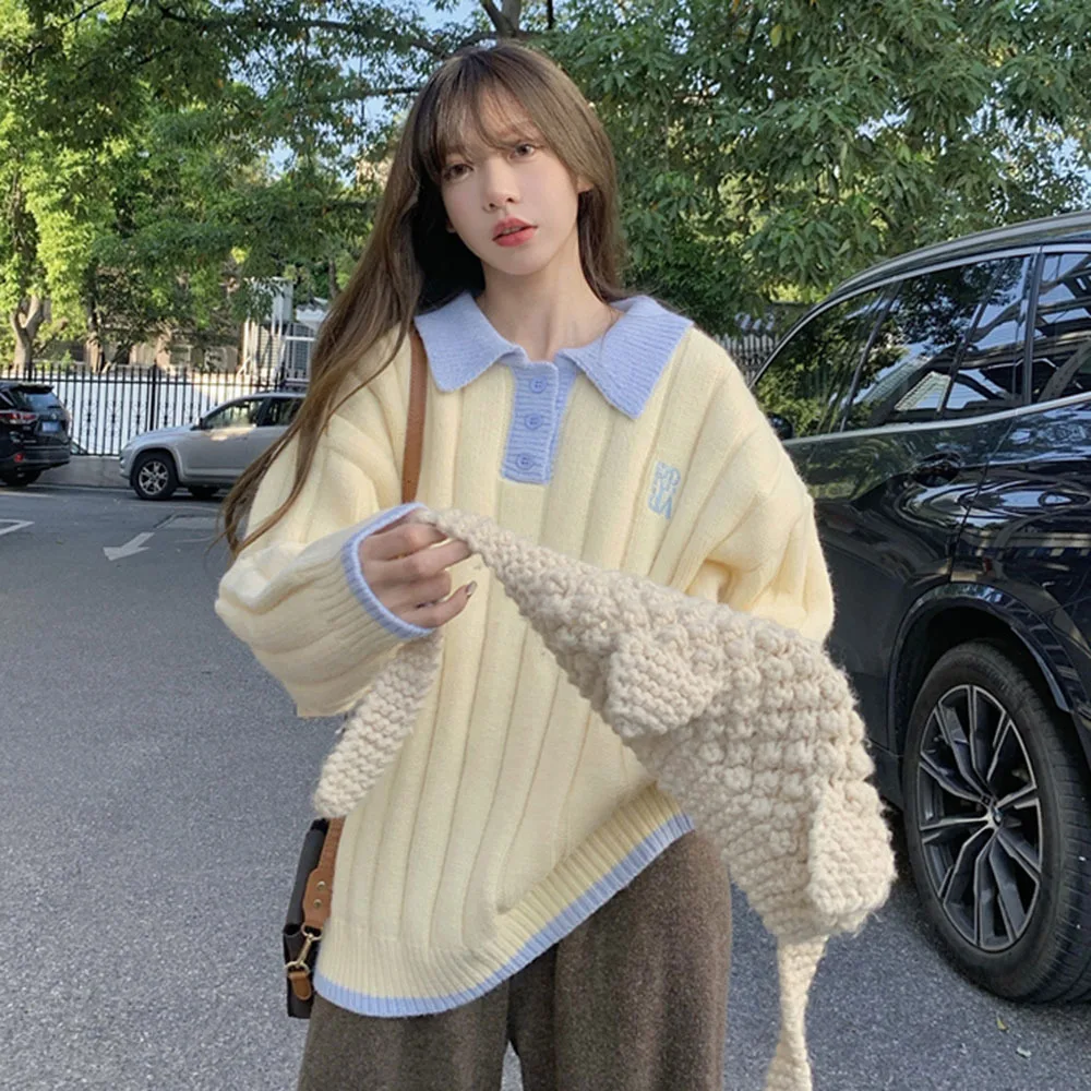 

Korean Lady Vintage Sweet Sweater Autumn 2022 Lapel Single-Breasted Long-Sleeve Knitted Pullover Female
