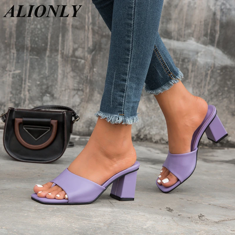 Alionly Slipper Outdoor Sandal for Women 2025 Summer Square High Heel Slip On Flip Flop Elegant Slides chaussure femme