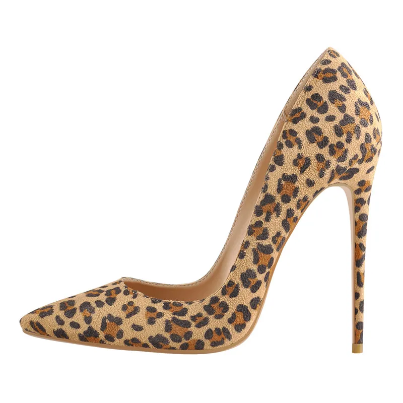 Onlymaker Women   Pointed Toe 12CM High Heel Flock Slip On Sexy Leopard Stiletto Pumps Large Size Lady Shoes