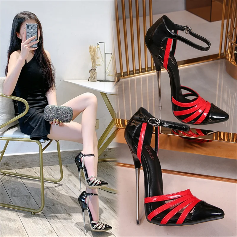 16cm High Heels Ladies Sandals Large-Size Woman Pumps Stiletto Heel Show Modeling Party Summer Ankle Strap Color Panel Extreme