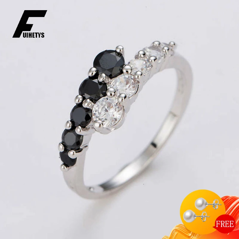 

Fashion Women Ring 925 Silver Jewelry with Obsidian Zircon Gemstones Finger Rings for Girl Wedding Engagement Party Accessories