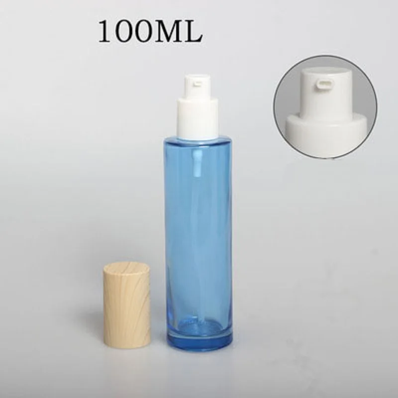 Botella de vidrio esmerilado/verde/azul/blanco de 100ml, tapa con forma de madera, suero/loción/emulsión/base/gel/tóner, embalaje cosmético