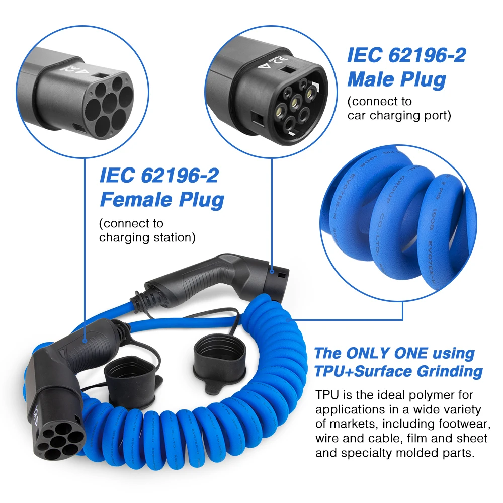 Morec IEC 62196-2 EV Charging Coiled Cable For Stations Electric Car Spiral Cord Charger Cable Type 2 To Type 2 32A 7.2KW