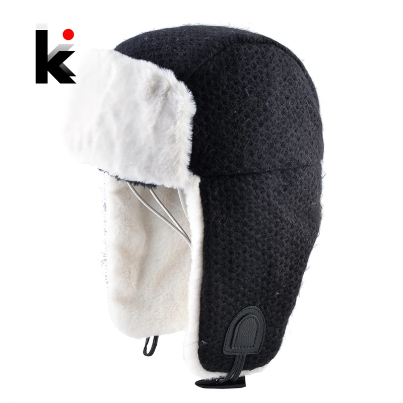 Women's Bomber Hat Winter Warm Faux Fur Earflap Beanies Knitted Solid Color Trapper Hat Women Outdoor Ski Thick Ear Flaps Hat