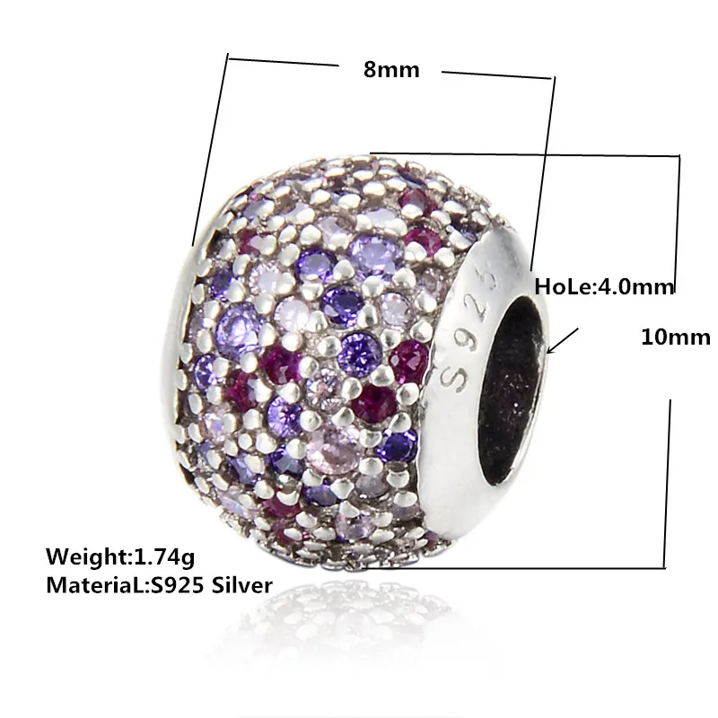 100% 925 Sterling Silver Colored Oxygen Cubic Zirconia Beads Fit Charm Bracelets Fine Jewelry S925 Hole：4mm