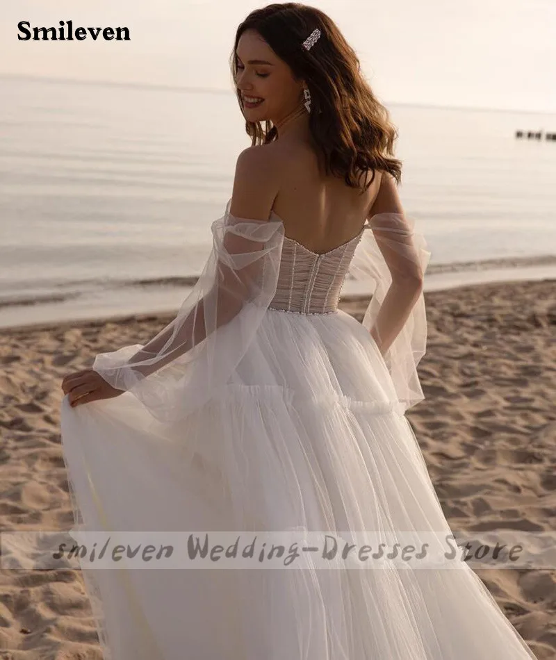 Smileven Ivory Sweetheart Hals Trouwjurk 2021 Off The Shoulder Side Split Bridal Jurken 2021 Bladerdeeg Mouw Bruidsjurken