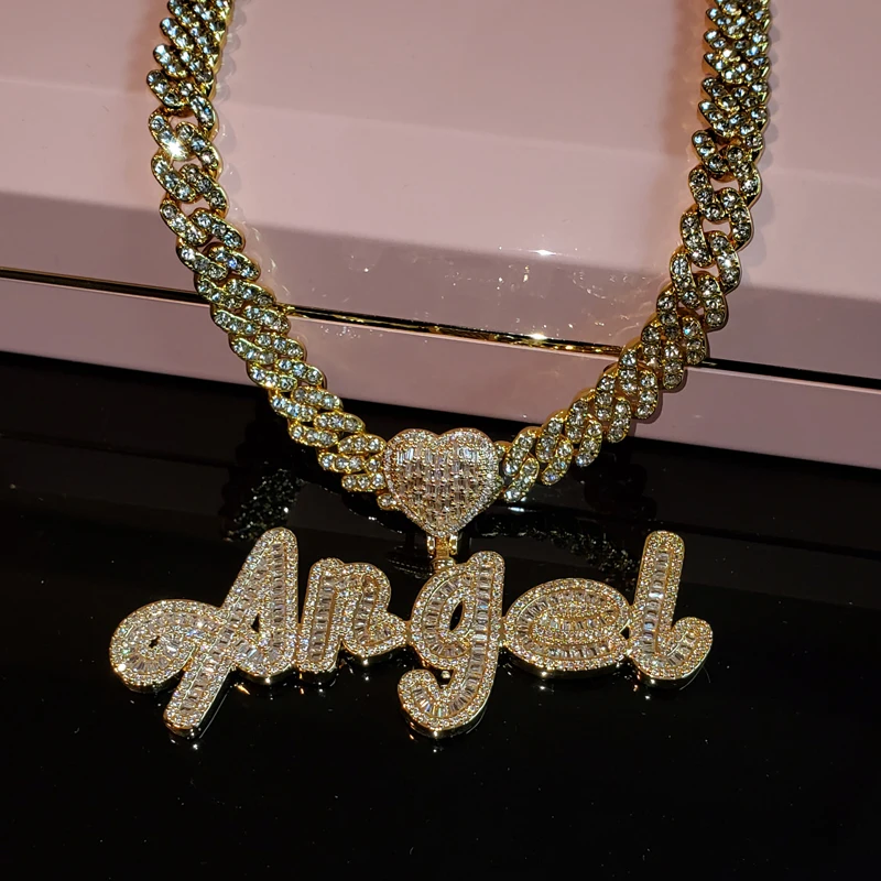 Grandbling Custom Name Necklace with Heart Rhinestone Cuban Chain Word Necklace  Iced Out CZ Personalized Hiphop Jewelry