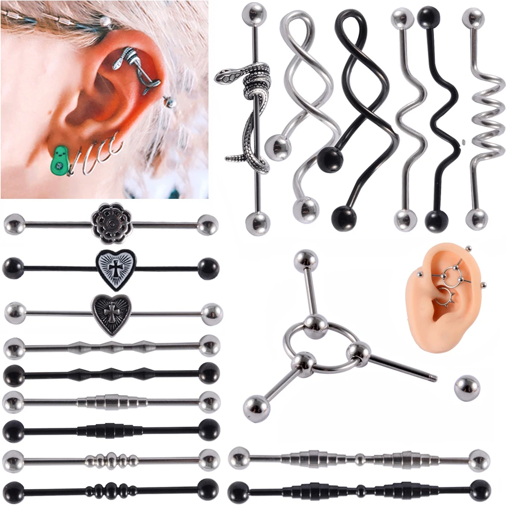 1PC Surgical Steel Industrial Barbell Ring Women Men Snake Straight Cartilage Earring Helix Unisex Ear Body Piercing Jewelry 14G