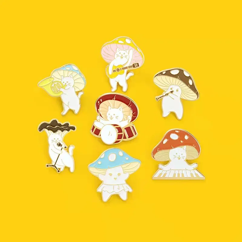 Cartoon Cat Mushroom Enamel Pin Music Plant Animal Brooch for Women Guitar Saxophone Electronic Badge Jewelry Gift Drop Shipping