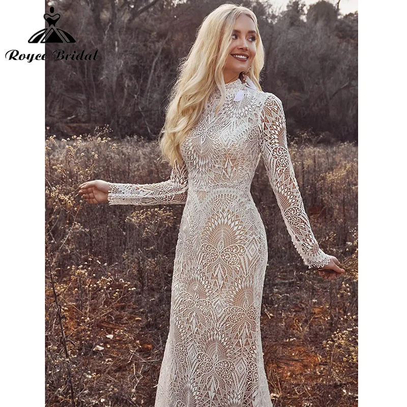 Mermaid Boho Beach Wedding Dresses with Back Buttons Lace High Neck Floral Print Long Sleeve Vestidos De Novia Customized 2025