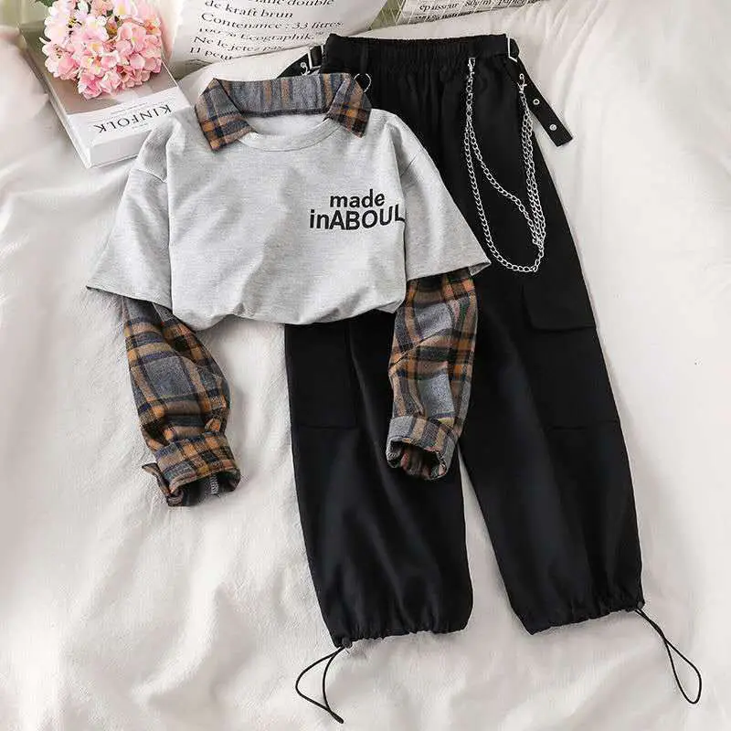 Casual Suirt Womens Sports Loose High Waist Harem Pants +  Fake Two-piece Sweater Punk Streetwear Spring and Autumn Female Sets