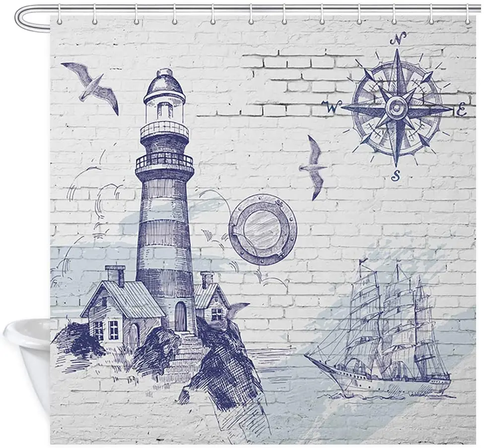 Lighthouse Sailing Sailing Compass Brick Wall Background, Waterproof Fabric Shower Curtain Bathroom Decoration