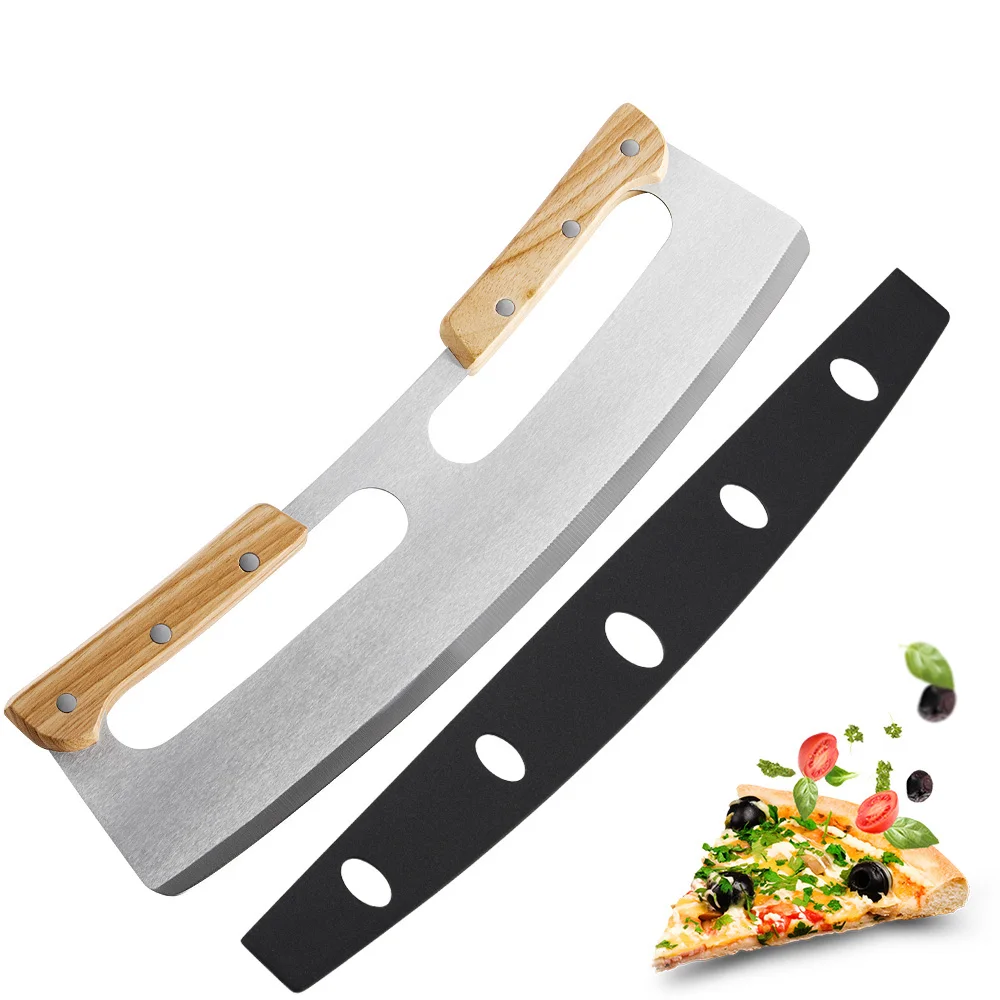 Pizza Cutter Rocker Stainless Steel With Double Wooden Handle 14 Inch Upgraded Sharp Pizza Slicer Knife Chopper With Blade Cover