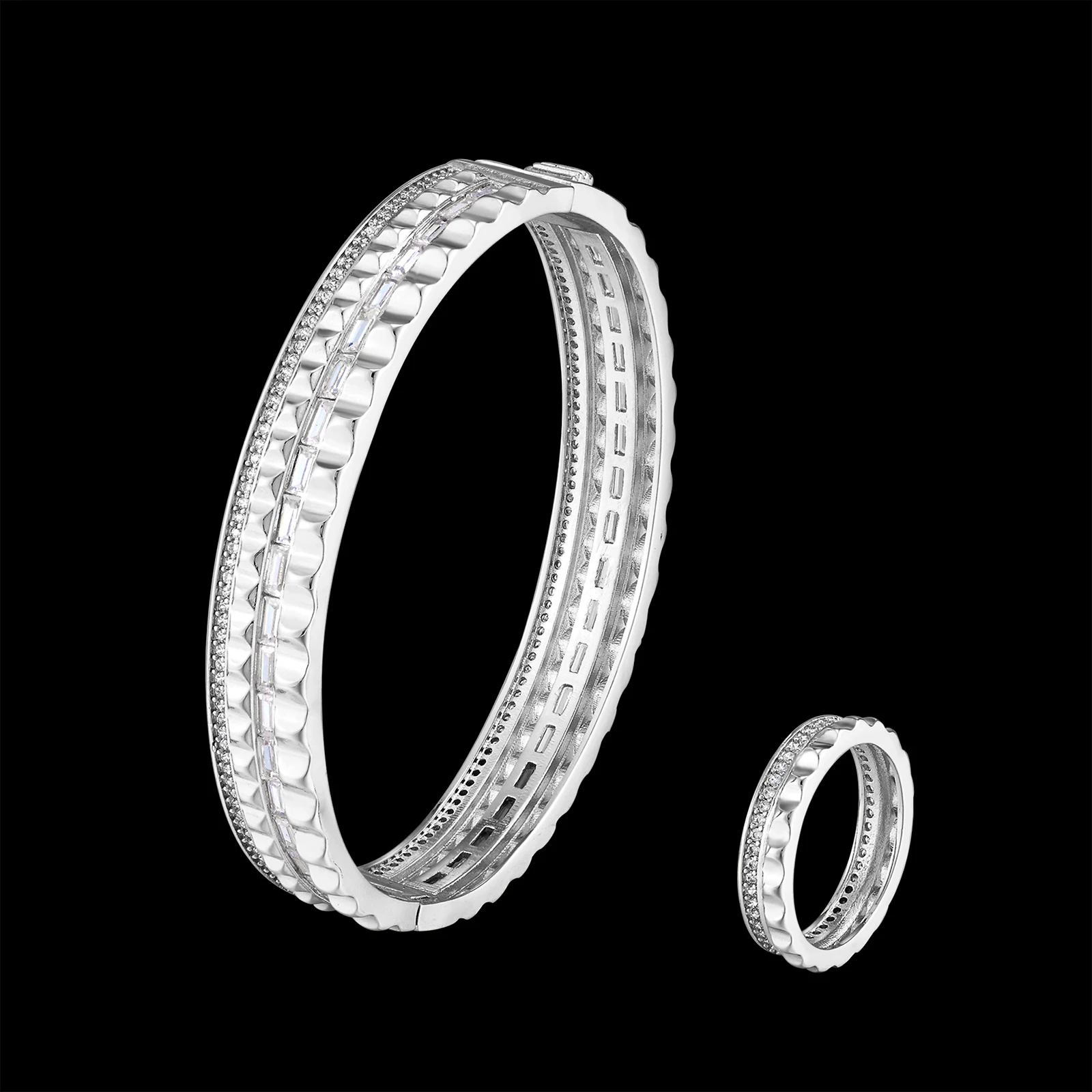 Lanruisha Simple Bangle And Ring Set Stainless Steel Bar-Type Zircon Inlay Classic Female Party Fashion Jewelry Best Gift