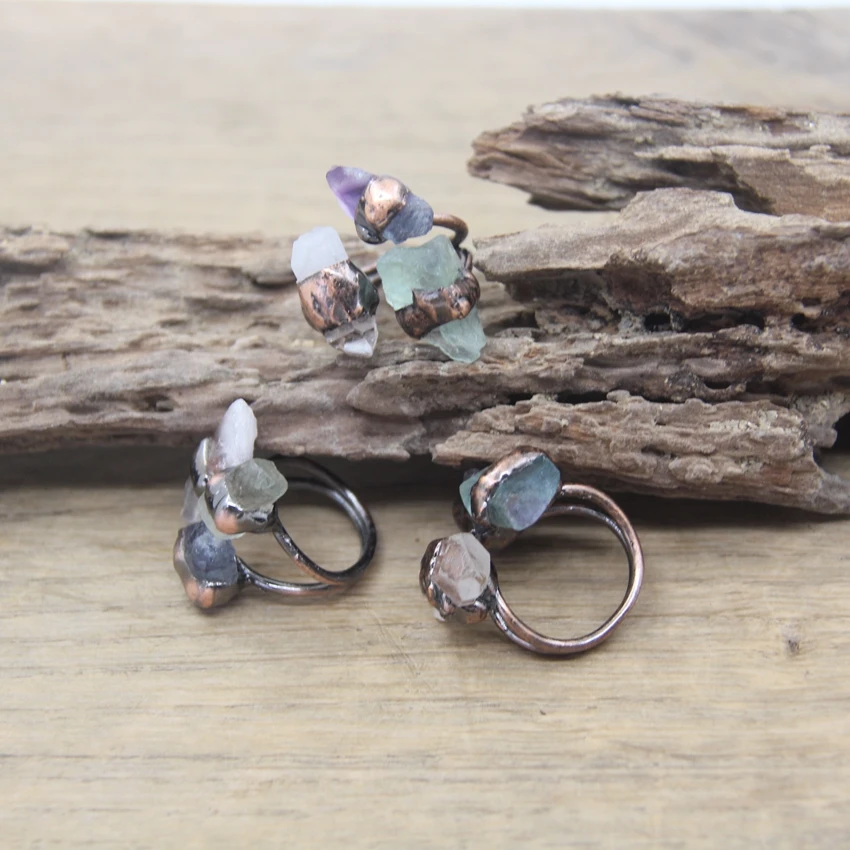 Raw Fluorite&Crystal Antique Copper Rings Healing Quartz Points Adjustable Bronze Bezel Ring Fashion Jewelry Dropshipping,QC4017