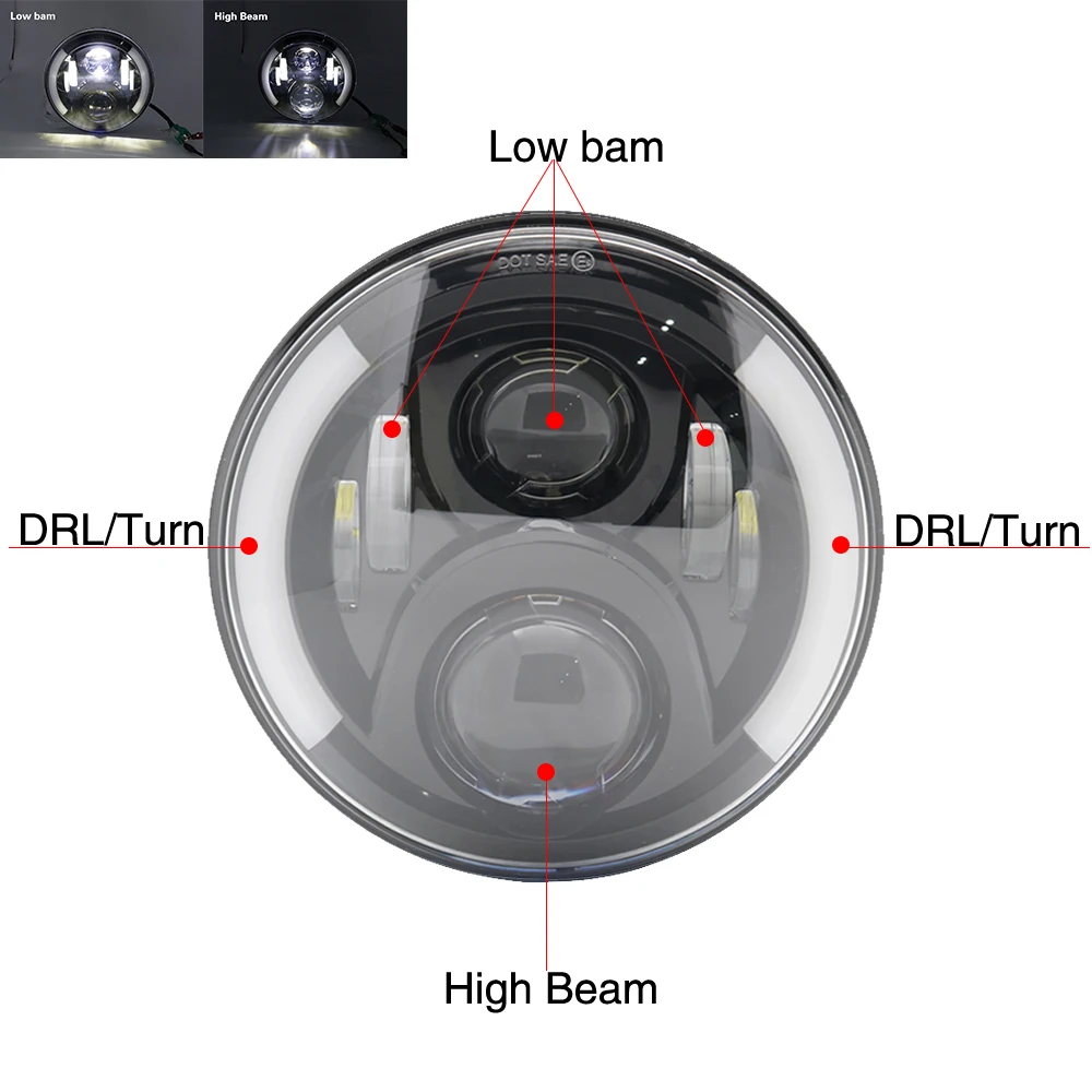 7 Inch Round LED Car Motorcycle Headlight 40W 60W Hi/Low Beam White(Amber) DRL Halo Ring Angle Eyes for Wrangler Suzuki VAZ 2101