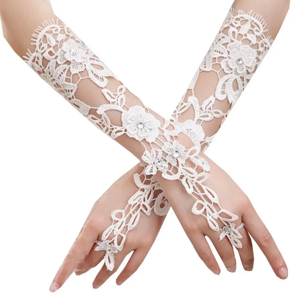 Guantes de encaje de boda para mujer, manoplas formales para banquete, fiesta, sin dedos, perforadas