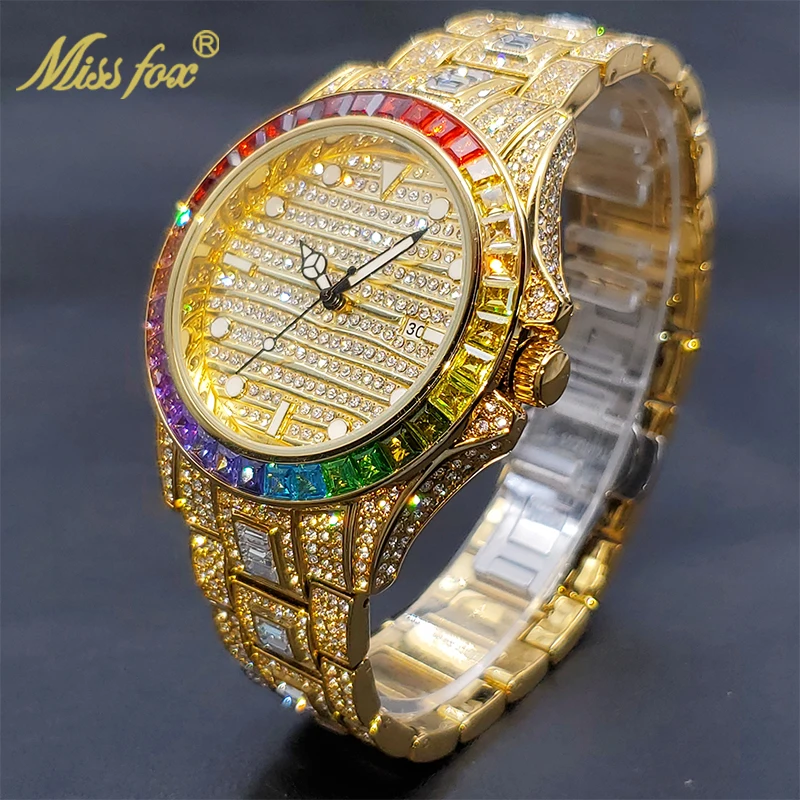 Relógio MISSFOX Iced Out Golden Watches For Men Rainbow Diamond Hip Hop Fashion Luxury Men\'s Automatic Calendar Watch Gift