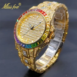 Relógio MISSFOX Iced Out Golden Watches For Men Rainbow Diamond Hip Hop Fashion Luxury Men's Automatic Calendar Watch Gift