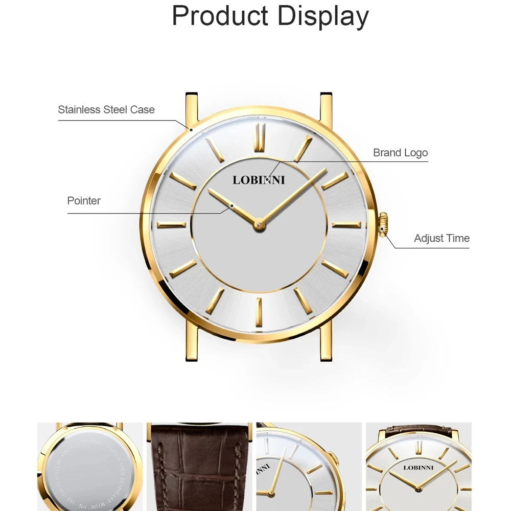 LOBINNI الفاخرة ساعات الزوجين موضة رقيقة جدا تيار WatchWomen والرجال الياقوت مقاوم للماء ساعة كوارتز relogio masculino