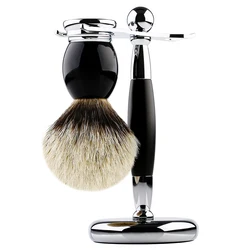 Pennello o supporto da barba di lusso, set di spazzole per capelli di tasso puro silvertip Supporto da barba in acciaio inossidabile da 22 mm, manico in lega di resina nera