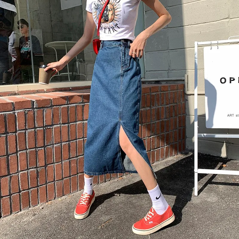 GUUZYUVIZ High Waist Skirt Casual Denim Blue Long Skirts For Women Korean Jean Skirts For Ladies Harajuku