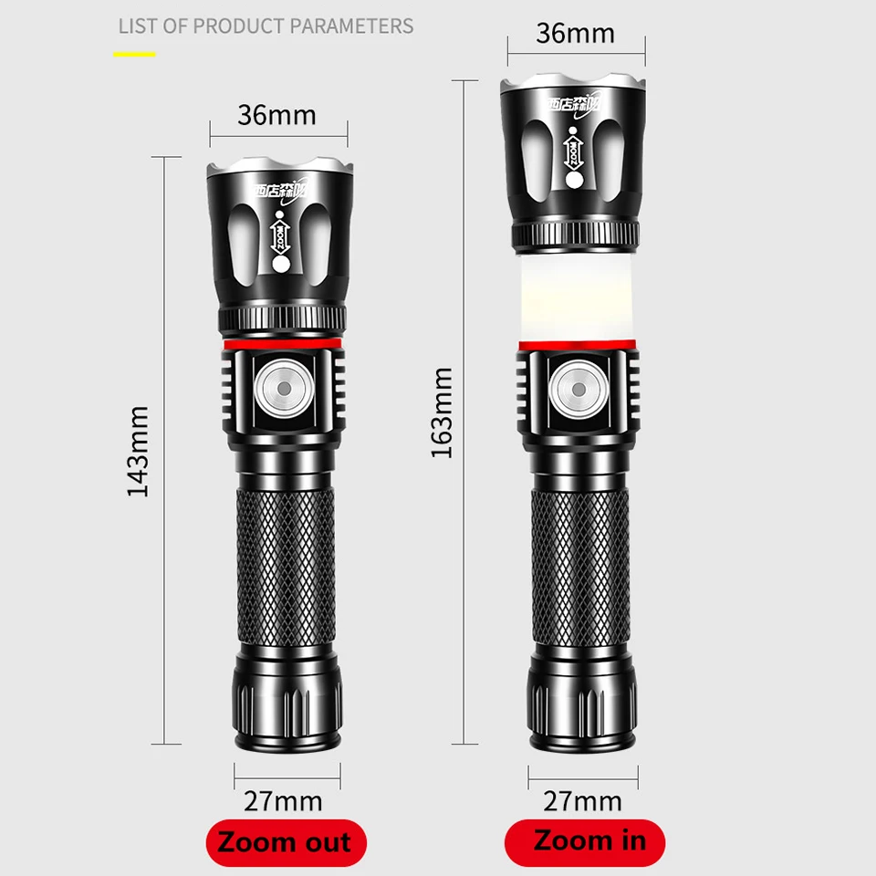 High Quality XM-L2 U3 & COB Led Flashlight Torch Aluminum Alloy Waterproof 18650 Battery Zoomable Lantern for Camping Hiking 10W