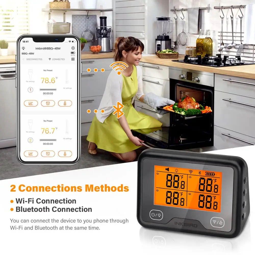 INKBIRD I BBQ-4BW termometro digitale Wi-Fi e Bluetooth Grill termometro Wireless ricaricabile per barbecue con 4 sonde con grafico
