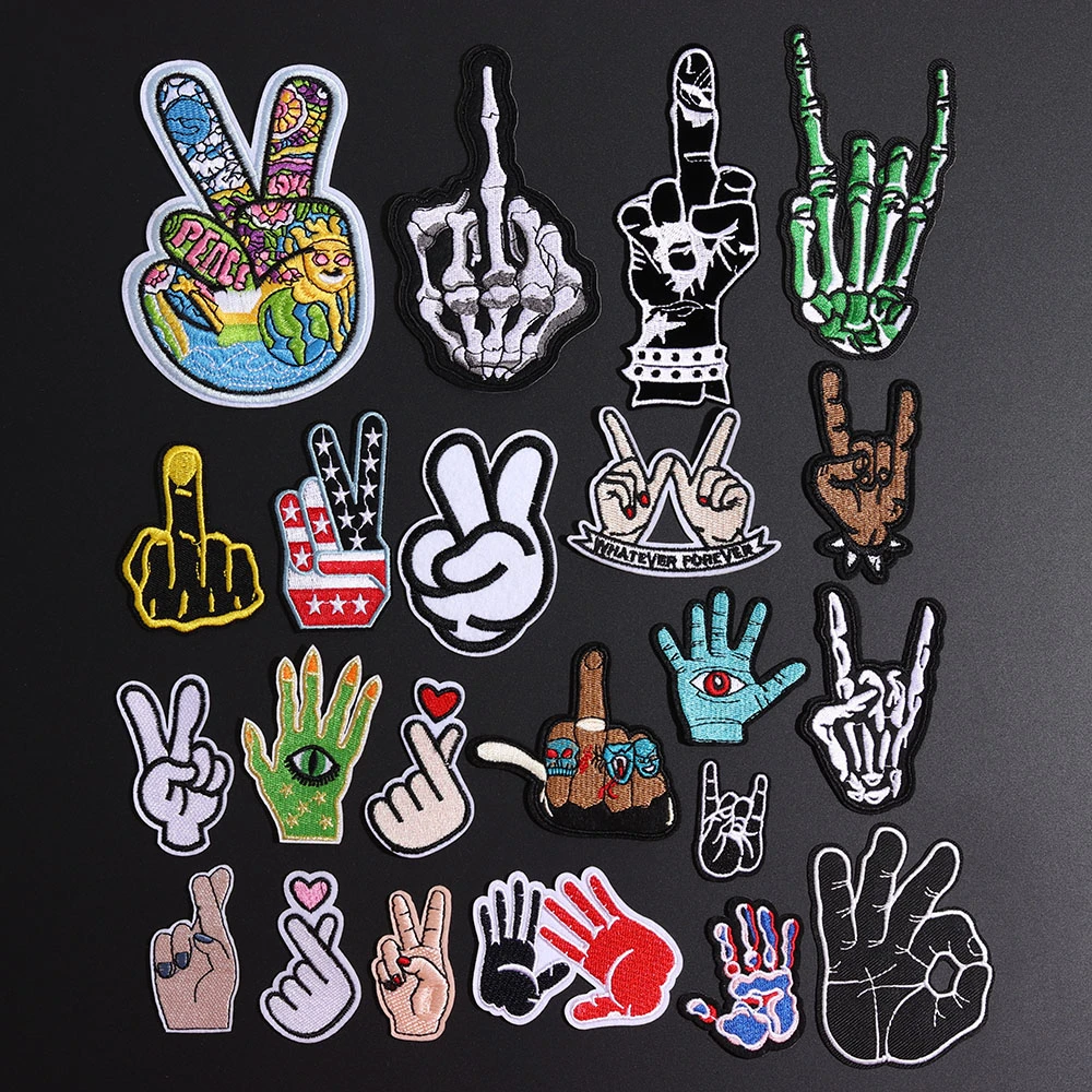 

Rack Gesture Skull Fingers Patches for Clothes DIY Stripes Iron on Victory Gesture Appliques Clothing Stickers Embroidery Badges