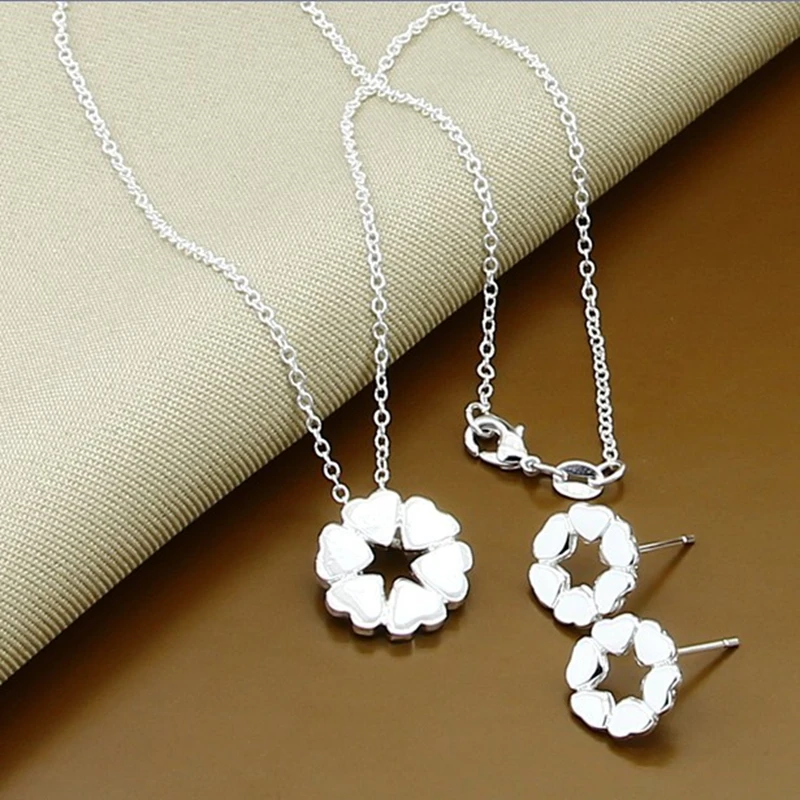 

Romantic Jewelry Sets 925 Sterling Silver Fashion Heart Small Pendant Necklace Earrings Sets New 2019