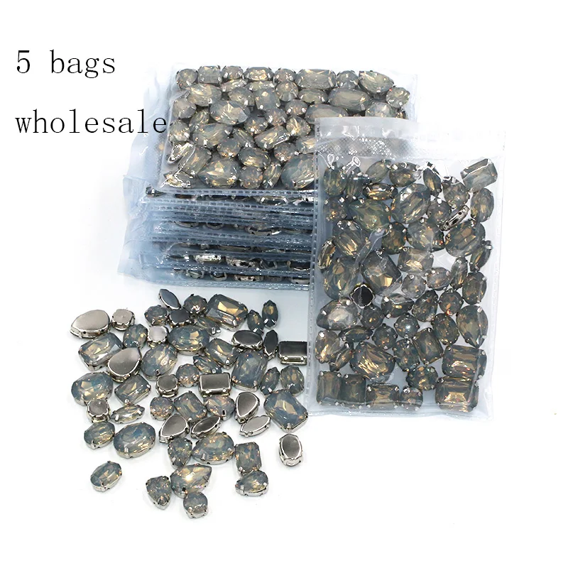 New Wholesale 5 bags mixed shape Gray rhinestones Resin silver base sew on rhinestones for Clothing accessories