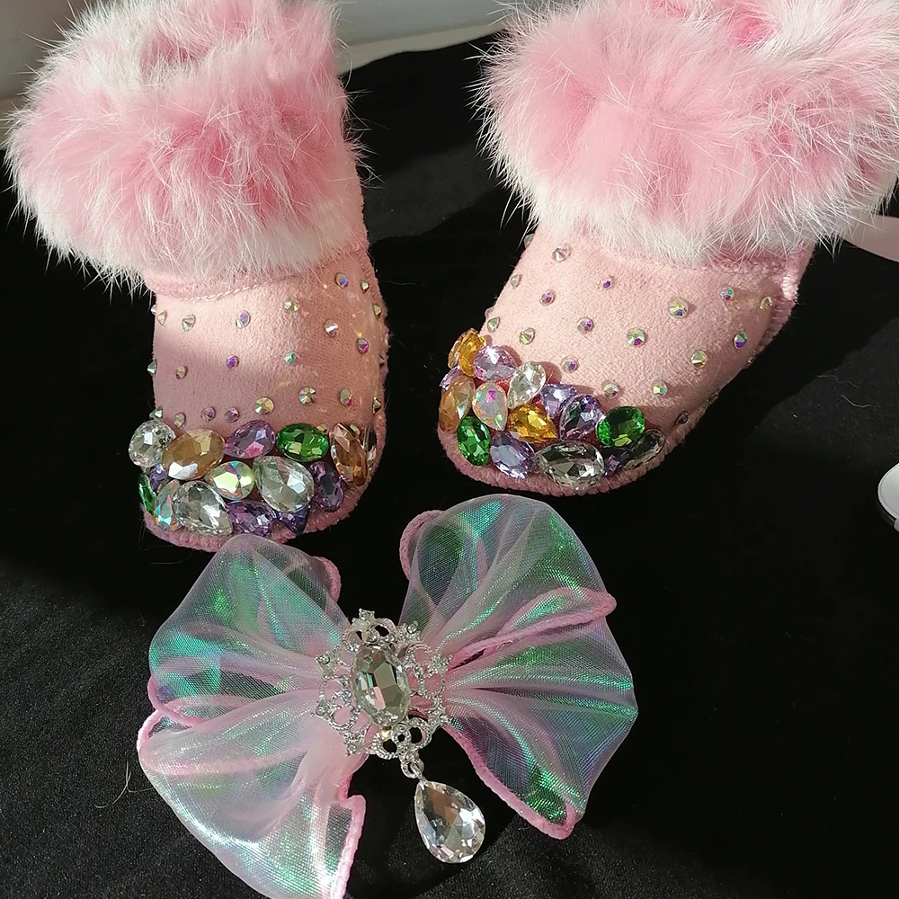 Crystal Baby Girls Snow Boots Headband Rhinestones Bling Shining Golden Noble Angel Winter Shoes First Walkers Gift