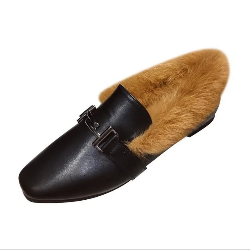 Woman Warm Snow Boots Superfine Fiber Rabbit Fur Mules Plush Furry Moccasins Ladies Fur Ankle Boots Winter Flat Shoes Plus Size
