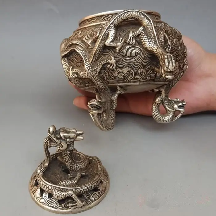 Vintage 6 Dragon incense burner Tibetan Silver seawater incensory adornment Lucky geomantic omen