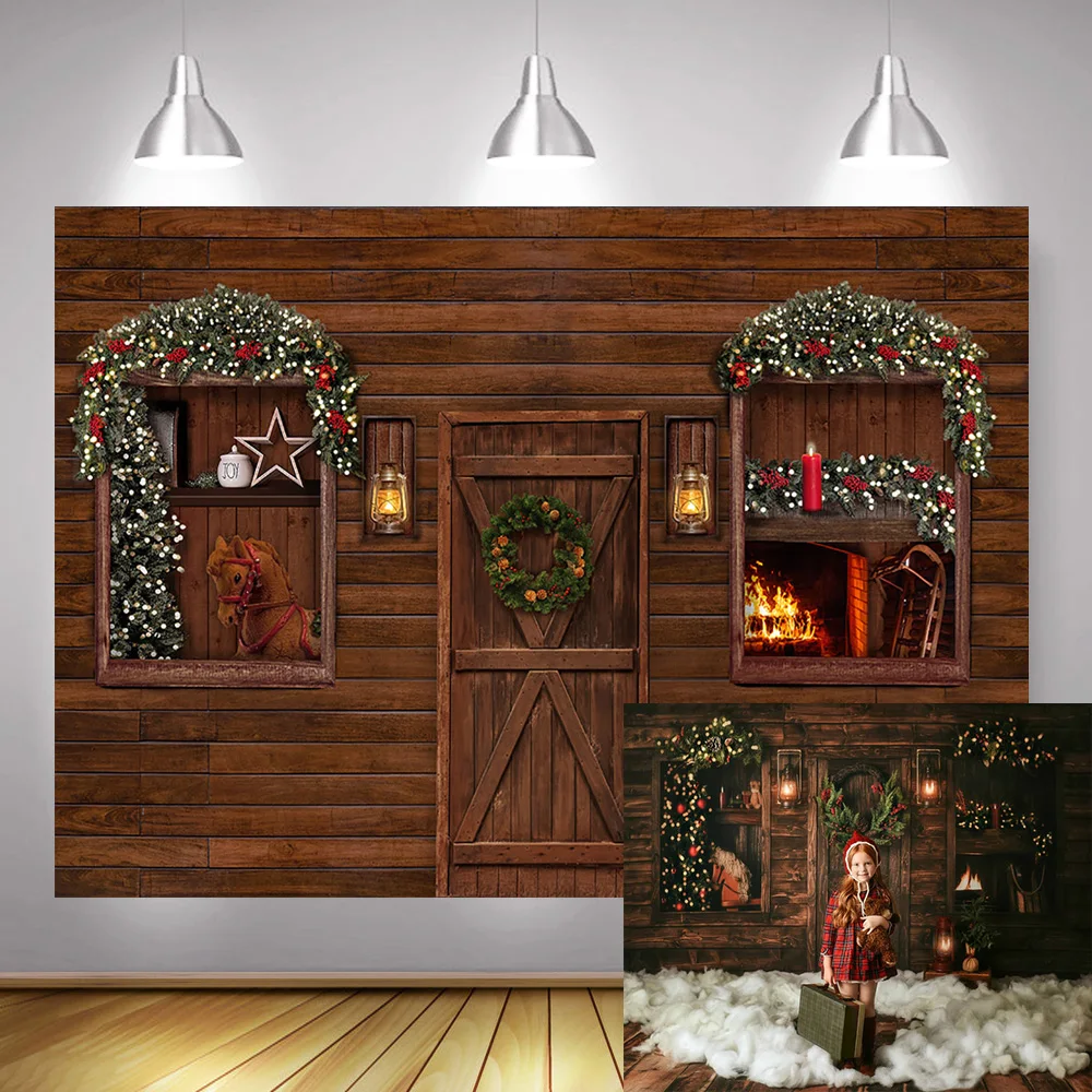 Christmas Children Portrait Backdrop for Photography Wooden Wall Winter Fireplace Retro Door Xmas Background Candle Wreath Snow